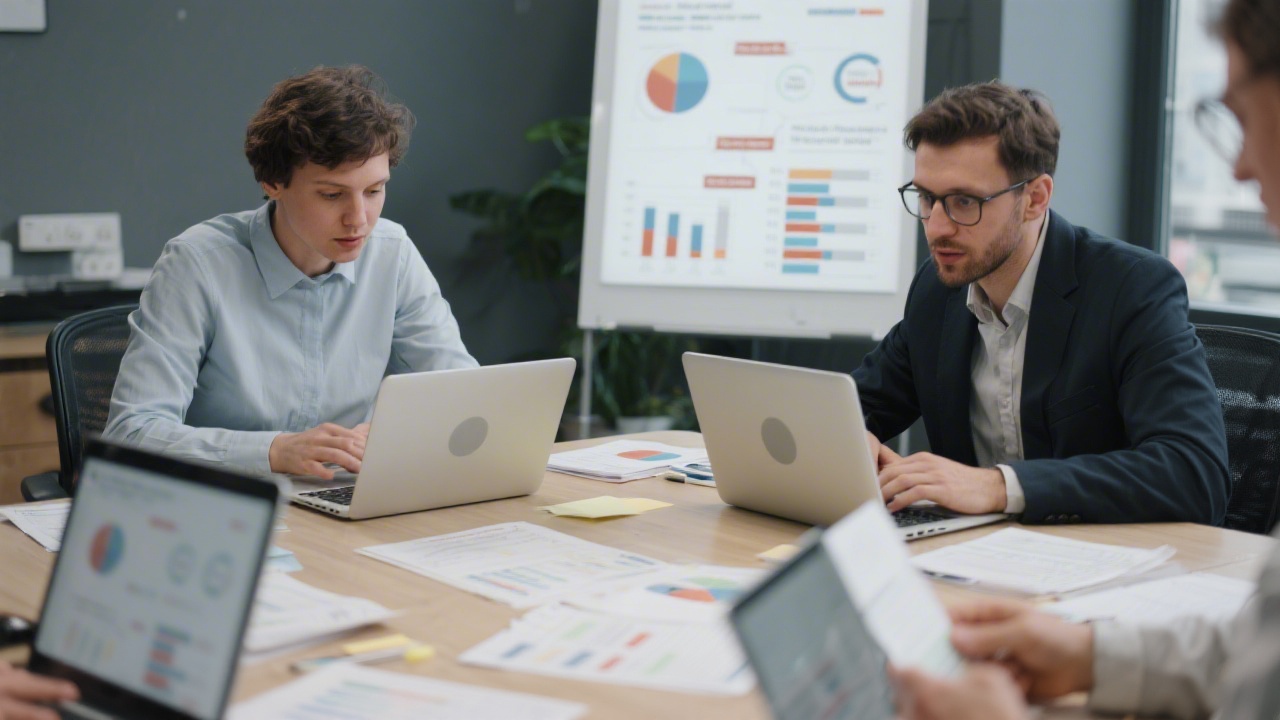 Small strategy workshop with two professionals reviewing campaign structure on laptops, focused on performance metrics and market research notes.