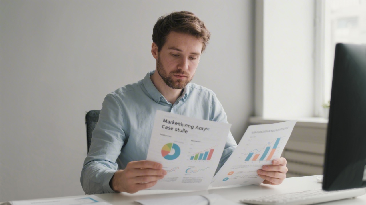 A marketing analyst reviewing a concise case study document with charts and market notes, set against a neutral, professional desk environment.