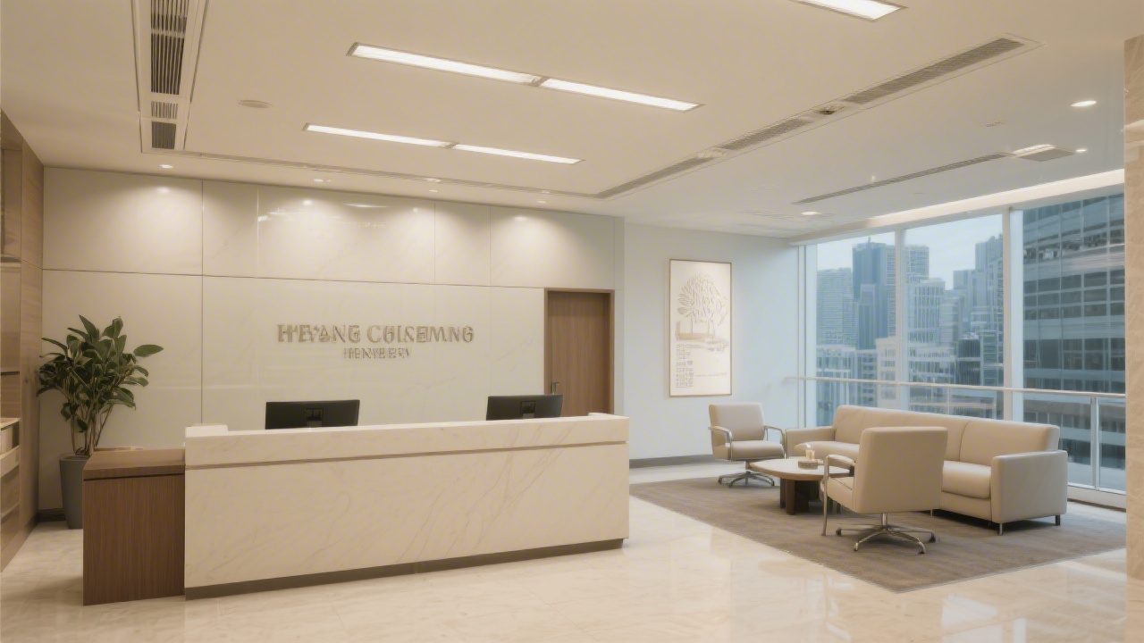 Professional Hong Kong office lobby with clean design and neutral tones, suggesting a premium business environment for client meetings.
