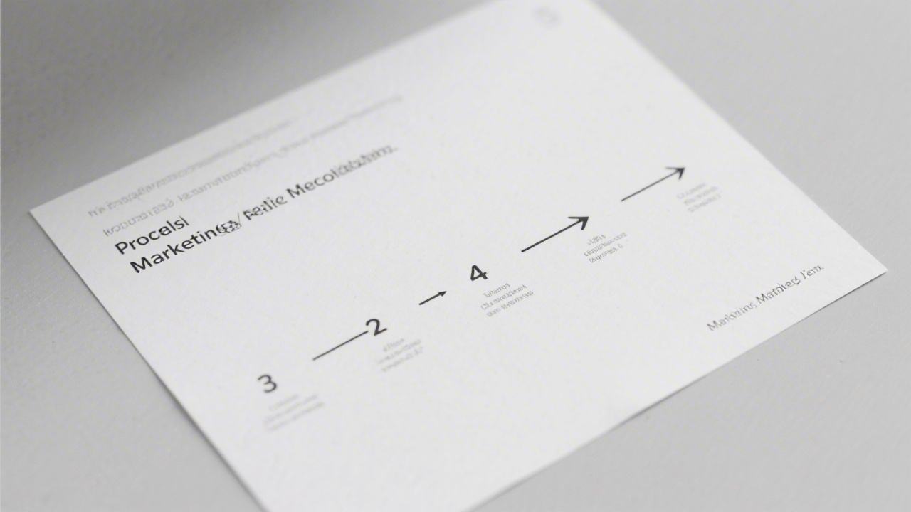 Minimalistic process diagram printed on paper with simple arrows and numbered steps, representing a clean, disciplined marketing methodology.
