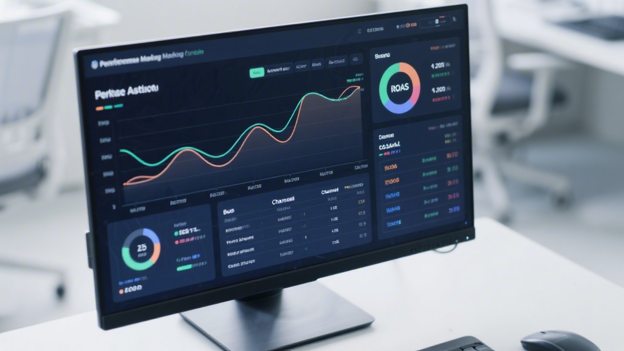 Close-up of a performance marketing analytics dashboard showing line charts, ROAS tables, and channel comparison metrics on a modern monitor in a clean office.