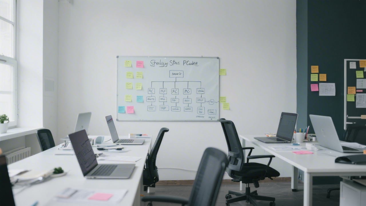 Modern workspace with a strategist planning PPC account structure on a whiteboard, surrounded by clean laptops and neatly arranged campaign notes.