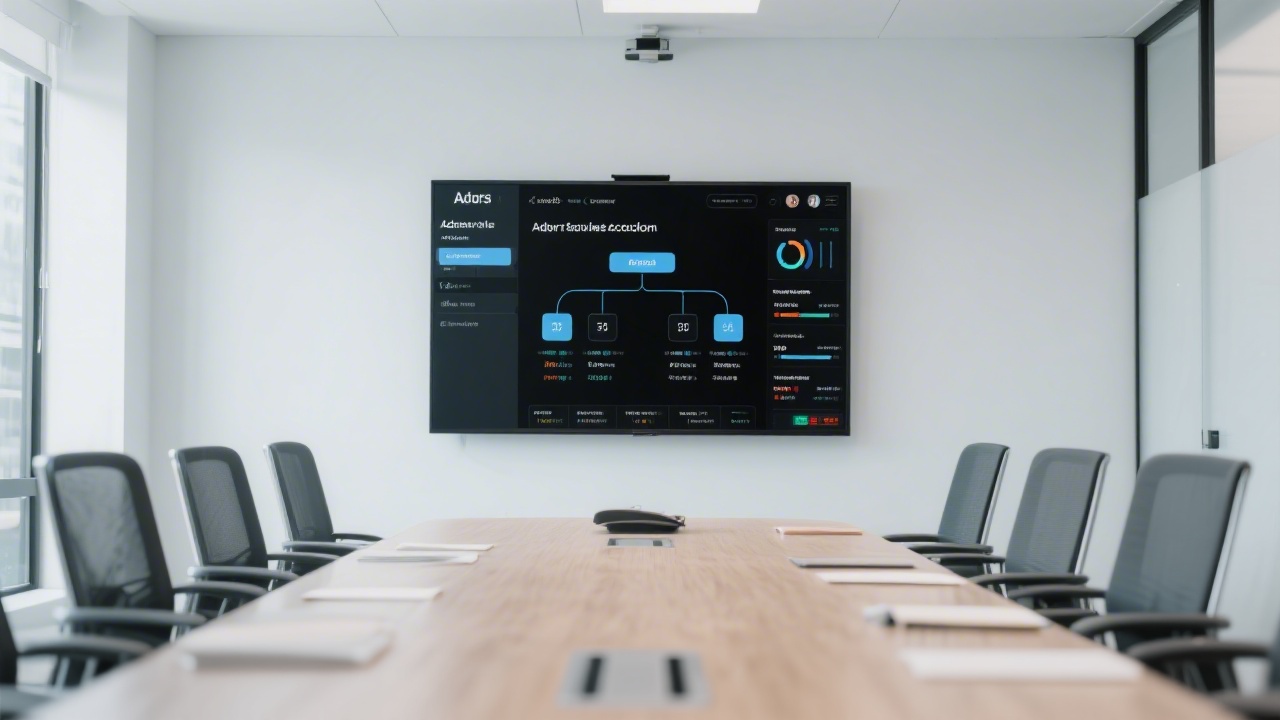 Professional meeting room with a single screen showing ad account structure and campaign metrics, emphasizing clarity and minimalism.