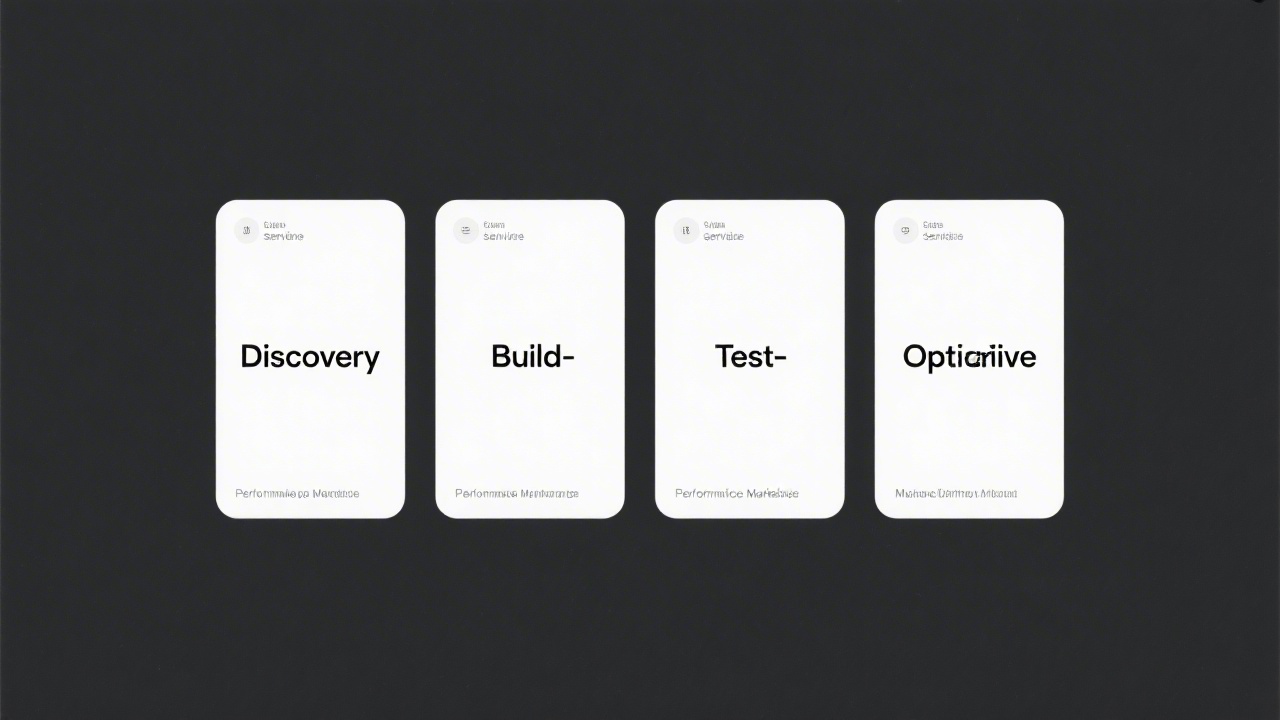 Sequence of four clean cards labeled discovery, build, test, and optimize, representing a streamlined service process for performance marketing.